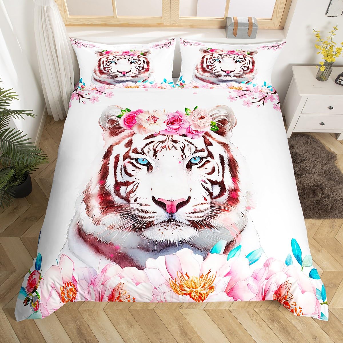 

Tiger and Flowers Duvet Cover Sets for Teens Queen Lightweight Quilt Covers Woodland Wildlife Romantic Bedding Set Bedroom Decor (135x200cm)