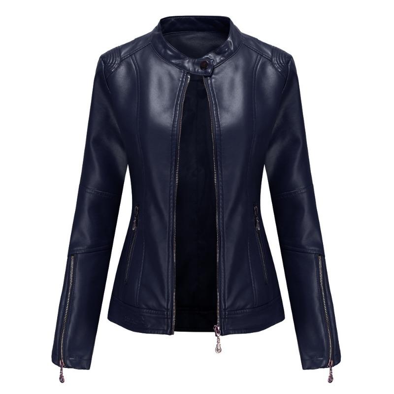 New fashion women's leather jacket leather short jacket stand-up collar jacket women's spring and autumn thin leather jacket navy blue leather jacket