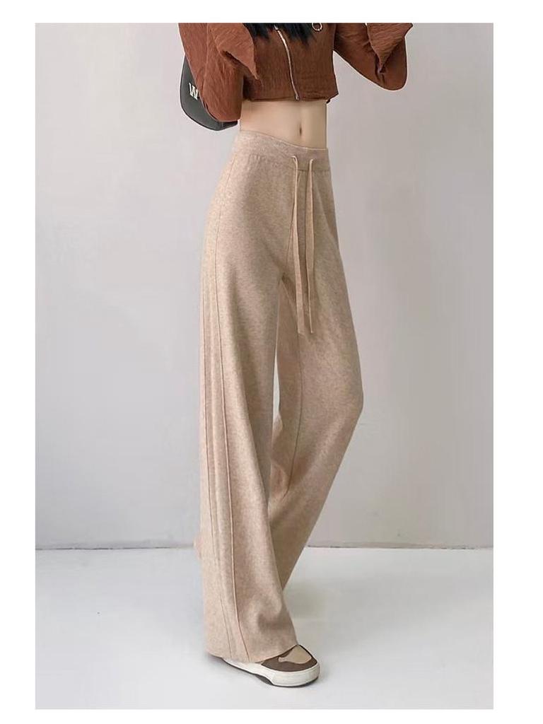 Women's Korean Style High Waist Wide-Leg Knit Pants - Autumn/Winter Fashion, Floor-Length, Straight-Leg Design