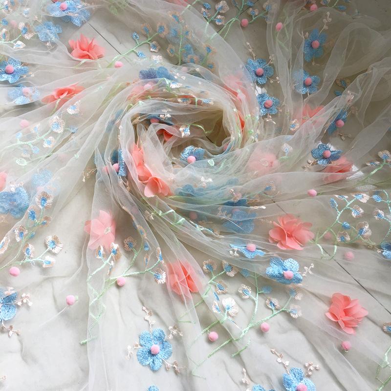 1 Yard 3D Petal Flower Embroidery Lace Fabric Soft Mesh Tulle Floral Fabric For Diy Wedding Dress Clothes Photography Props