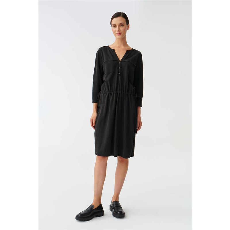 European Single Ice Silk Linen Texture Spring and Summer Black Export OEM Goods Tail Goods Women's 3/4 Sleeve Dress