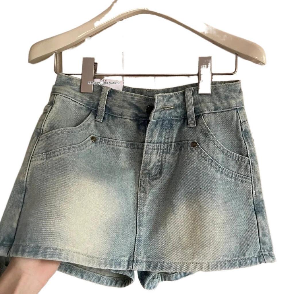 High Waist Retro Denim Patchwork Skirt - Women's Summer 2026 Slimming Hip-Hugging Culottes