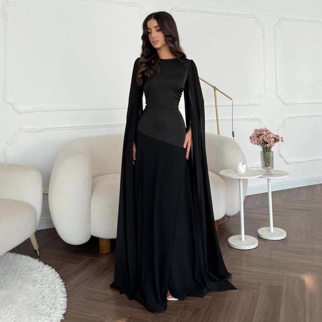 Europejska i Amerykańska Damska Sukienka Jesień 2025 z Rękawami-Peleryną, Linia A, Patchwork