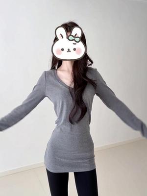 Women's Gray Waist-Cinching V-Neck Long-Sleeve Shirt - Slimming Mid-Length Base Layer for Autumn/Winter