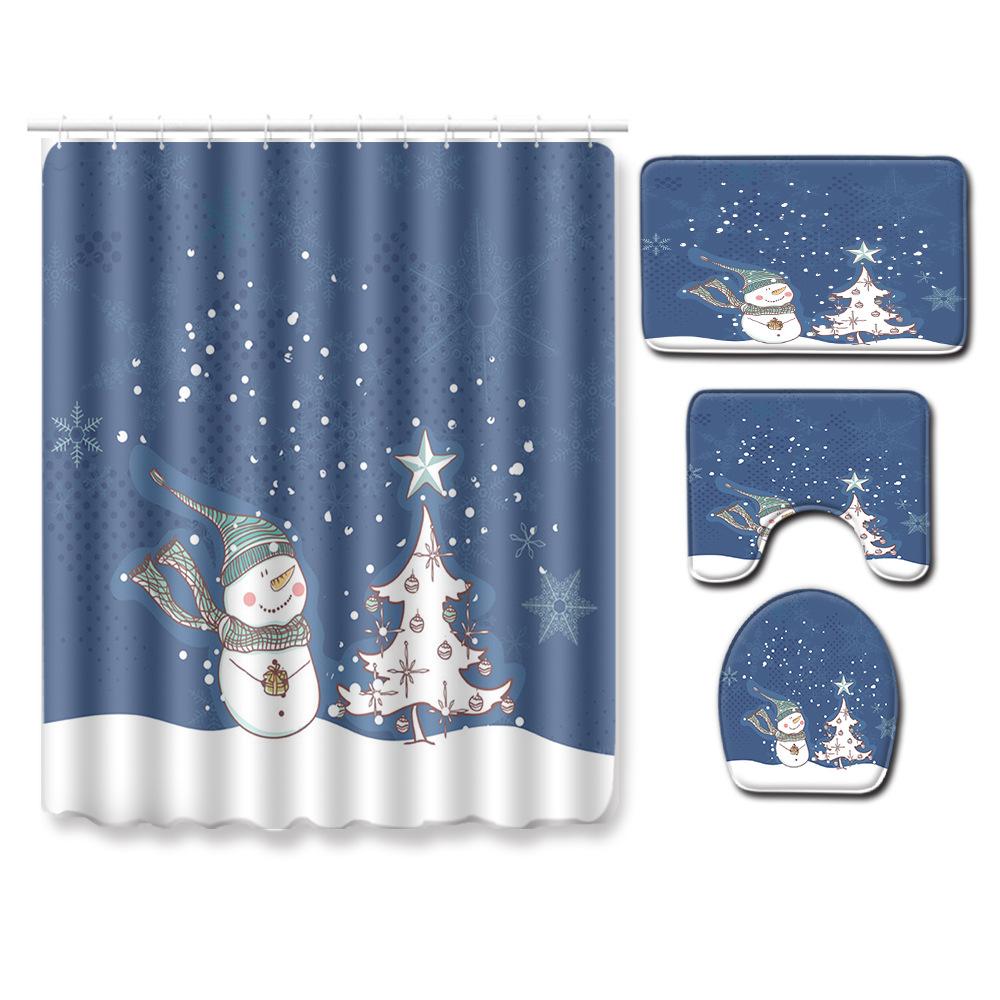 Christmas Shower Curtain Floor Mat Combination Four-Piece Set Bathroom Toilet Carpet Shower Room Mat Foot Mat