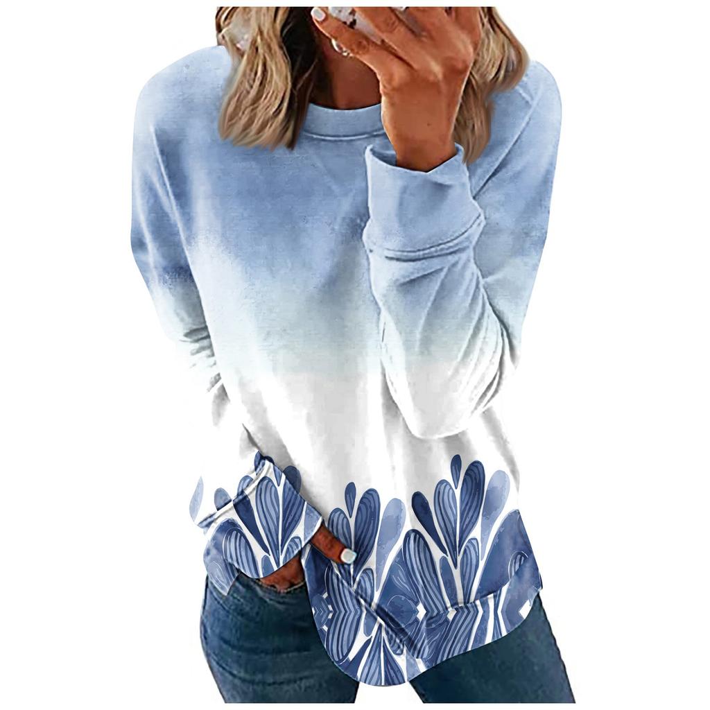 Women's Casual Fashion Floral Print Long Sleeve O-Neck Pullover Top Blouse