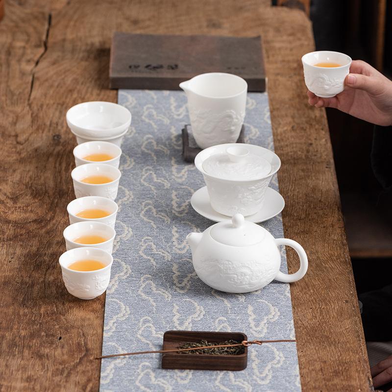 Embossed Tenglong Kung Fu Tea Set Gift Box Set Boutique Suet Jade Porcelain High-end Business Gifts Leading Customers