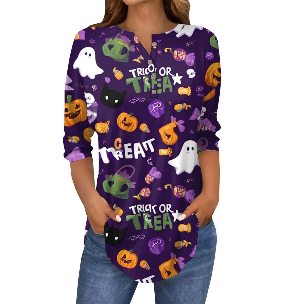 Women's Fashion Loose Button Collar Halloween Print Long Sleeve T-Shirt Top Pullover