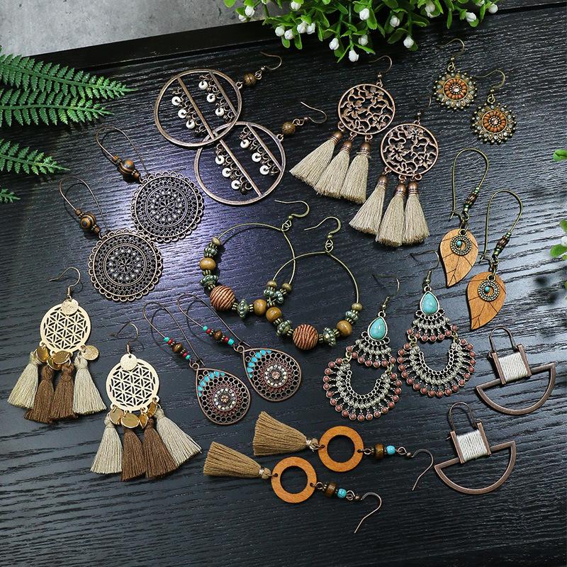 Bohemian Geometric Drop Women Earrings Ethnic Gypsy Wooden Beads Leaf Round Fringe Tassel Dangle Vintage Earrings Boho Jewelry