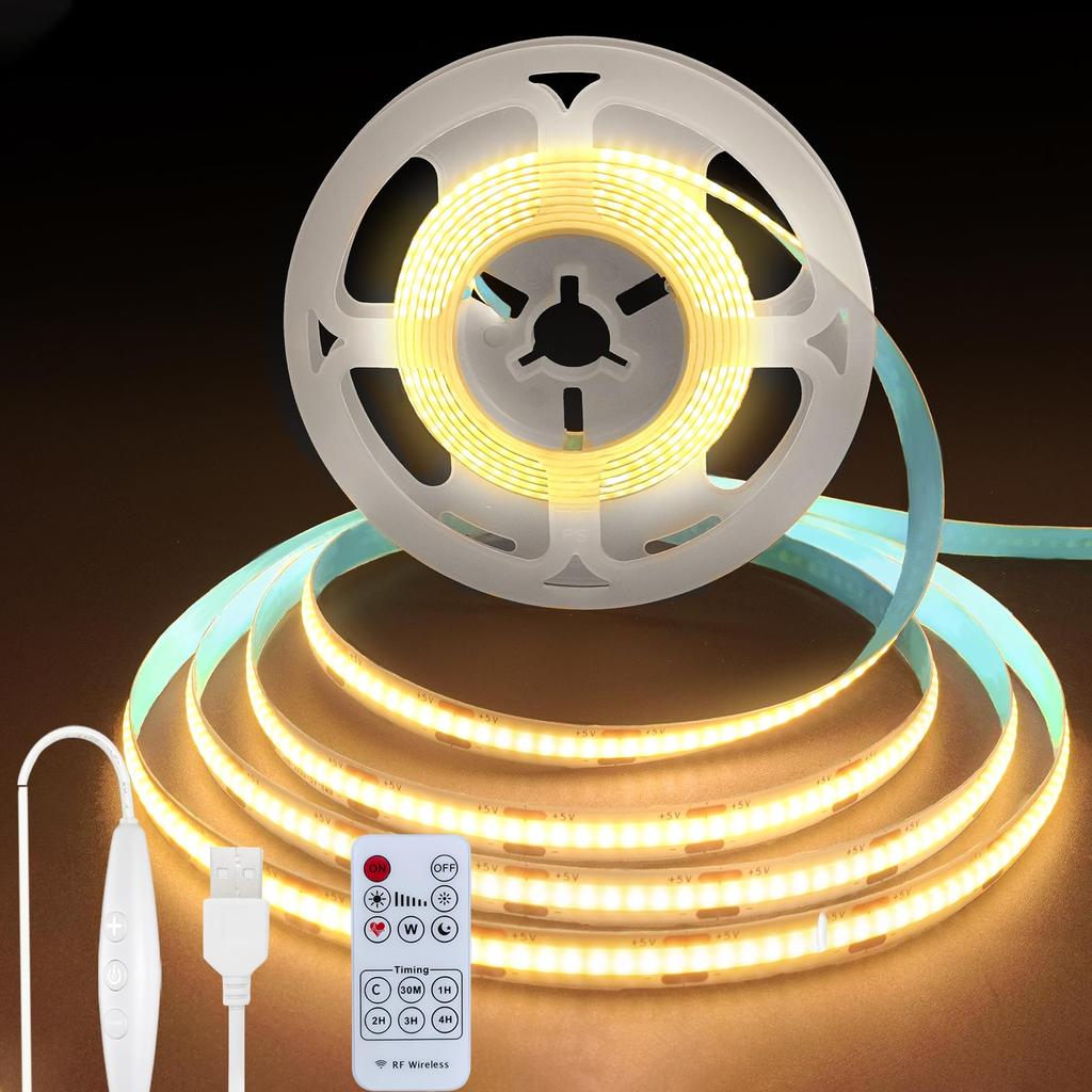 Clearhill 5V COB LED Streifenlicht mit Fernbedienungsdimmer, 5M, Warmweiß 3000K, 320 LEDs pro Meter, 8mm Breit, Nicht Wasserdicht IP20, 1.5M USB Schalterkabel,
