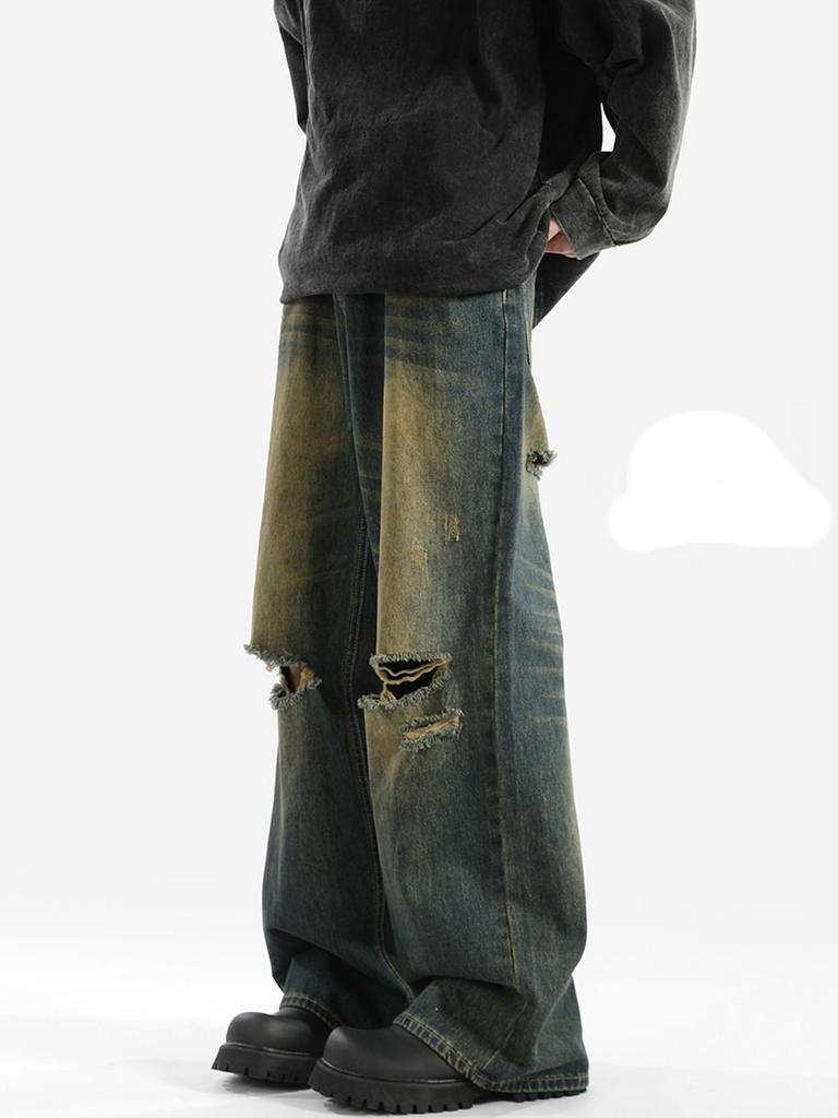 Men's Yellow Mud-Dyed Retro Flared Jeans - Summer Trendy, Loose, Floor-Length.