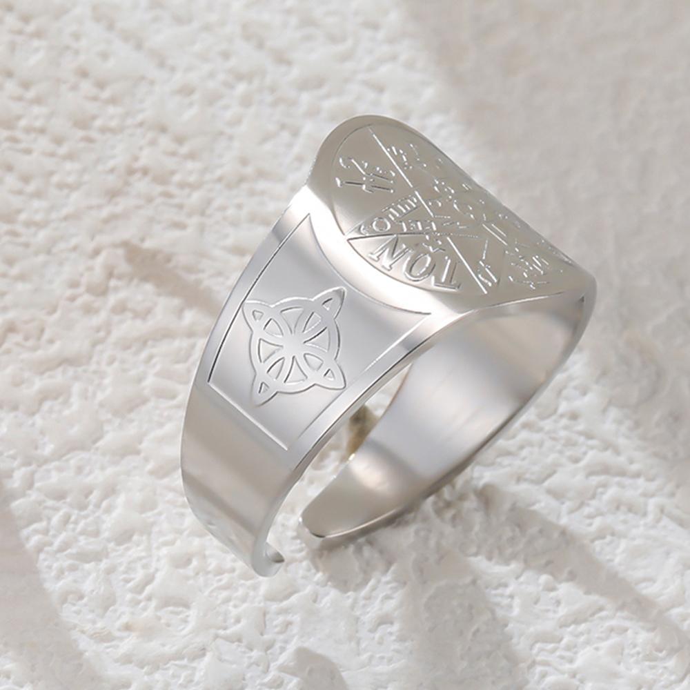 Dawapara Witch Knot and Tetragrammaton Pentagram Ring Double Protection Symbol Adjustable Ring Stainless Steel Wiccan Jewelry