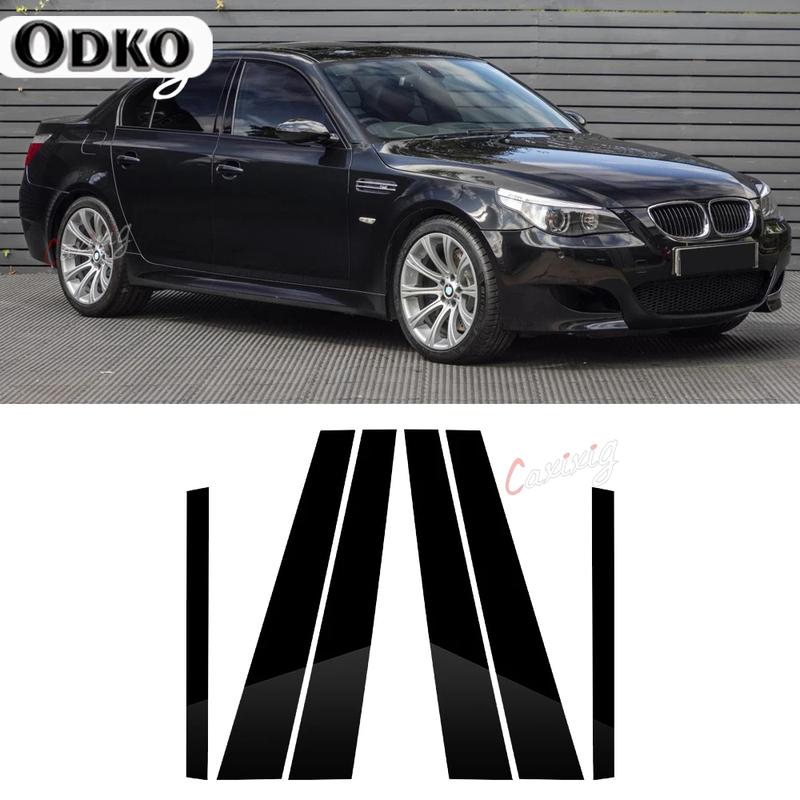 6PCS Window Trim Cover BC Column Sticker For BMW 5 Series E60 E61 Sedan 04-10 Polished Pillar Posts Gloss Black Styling Strip