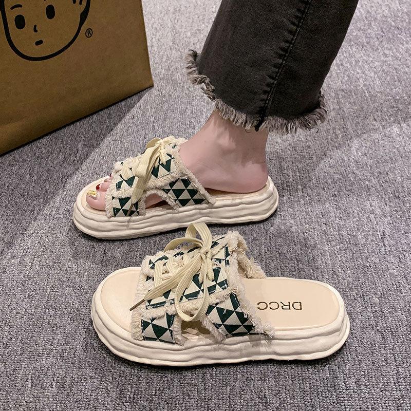 Fashion Versatile Thick-bottomed Non-slip Casual Cool Slippers Women's New Summer 2025 Outer Wear Small Fragrant Style Lace-up Slippers