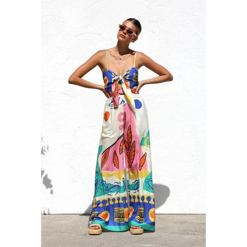 

Fashion New Arrival Waist-Tight Smocking Strappy Bow Wide Leg Straight Jumpsuit Blue XL