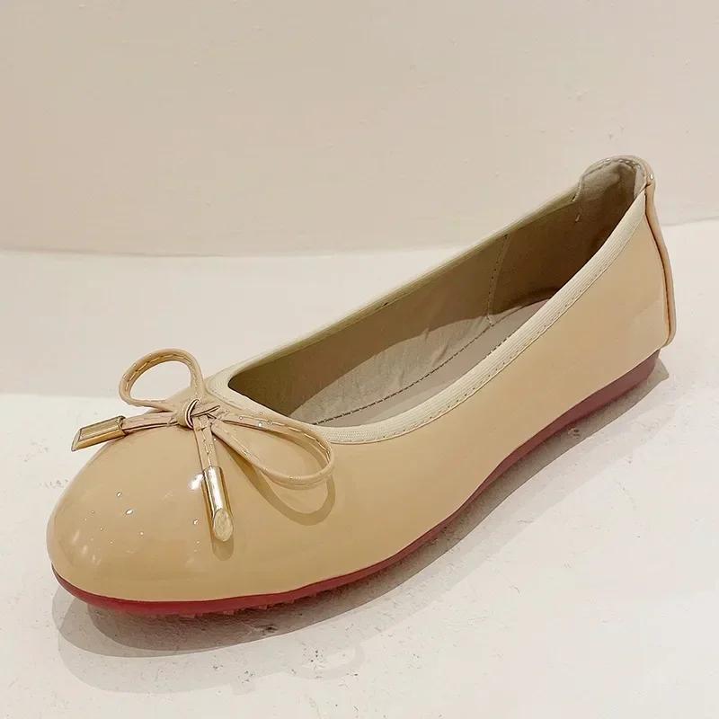 Ladies Single Shoes Bowtie Flats Patent Leather Loafers Women Round Toe Roll-Up Shoes Woman Bridesmaid Flats Zapatillas Mujer