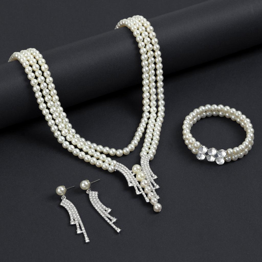 Three-layer pearl bracelet necklace, earrings, multi-layer imitation pearl necklace, dress accessories, women's high-end jewelry set