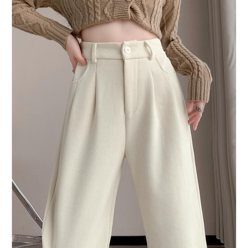 European Cotton Velvet Wide-Leg Pants for Women, Autumn, Winter, High Waist, Draped, Casual, Slim Fit, Straight-Leg Pants, Chenille Fleece-Lined