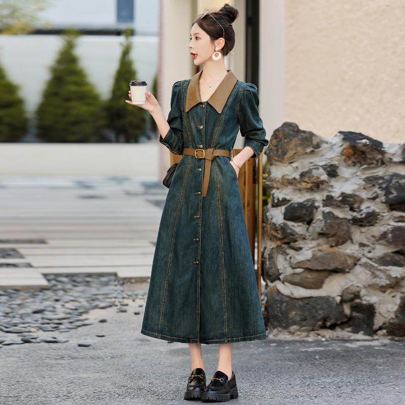 Autumn 2023 Retro Denim A-line Dress: Women's Long Sleeve, Waist-Slimming, Medium Length, Lapel Style