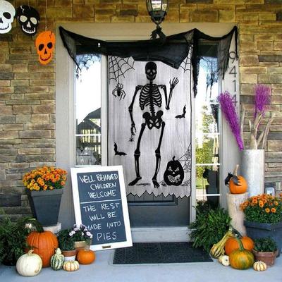 Window Spider Witch Bat Skull Door Curtain Halloween Ghost Festival Black Lace Curtain Halloween Atmosphere Decoration Family Gathering Decoration