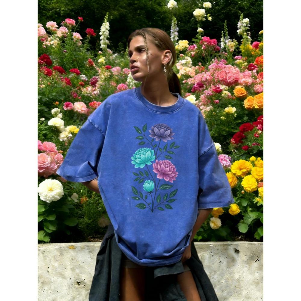 Aesthetic Flowers Branches Print Washed T-Shirt Women Breathable Cotton T Shirt Vintage Y2K Sportswear Loose Short Sleeve