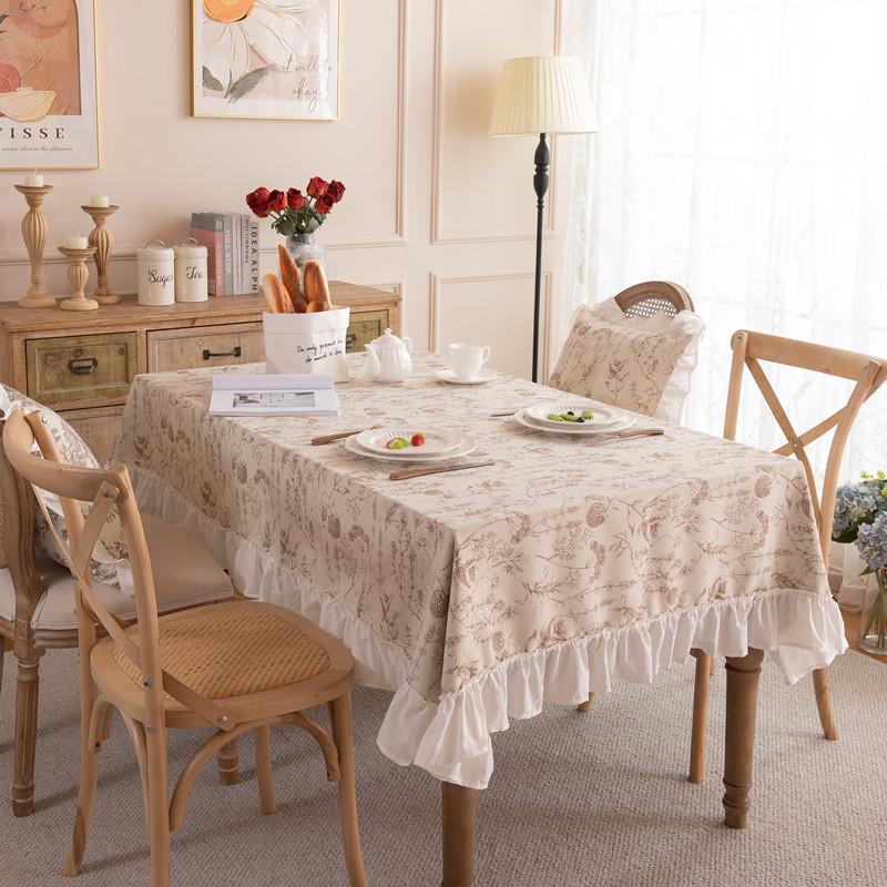French Polyester Printed Plant Flower Pleated Lotus Leaf Fungus Edge Rectangular Coffee Table Tablecloth Dining Table Cloth