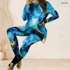 Women Plus Size Two Piece Set Round Neck Long Sleeve Teal Blue Gold Printed Longline Top And Fitted Pants