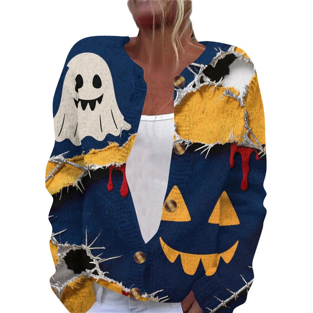 Women's Fashion Printed Long Sleeve Knitted Cardigan Button Down Jacket