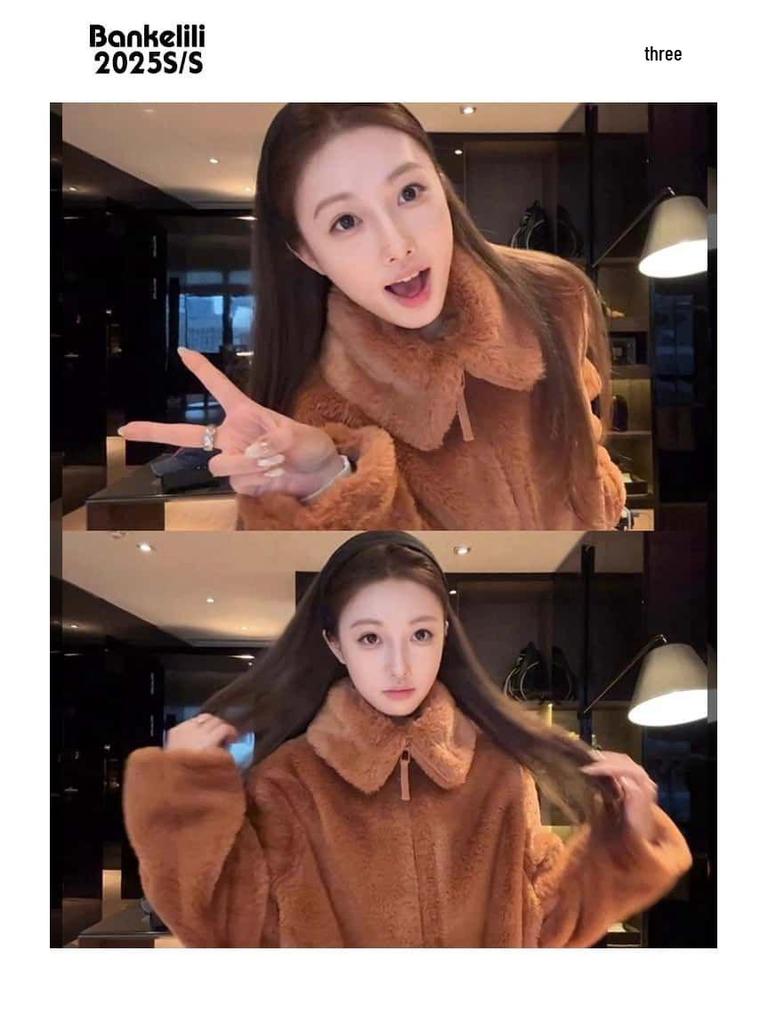 Women's Winter Rex Rabbit Fur Coat - Warm, Fleece-lined, Thickened, Korean-Style Petite