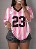 Sommerfarben Streifen Nr. 23 Bedrucktes Damen Kurzarm-T-Shirt Mode Top T-Shirt Netzstreifen Y2K Damen Sport-T-Shirt
