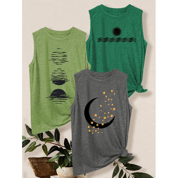 3Set of Tank Tops Sun, Moon, Stars, and Waves Print Loose Casual Vest T Shirt Retro-style Breathable, Comfortable, and Soft Fabric Spring and Summer