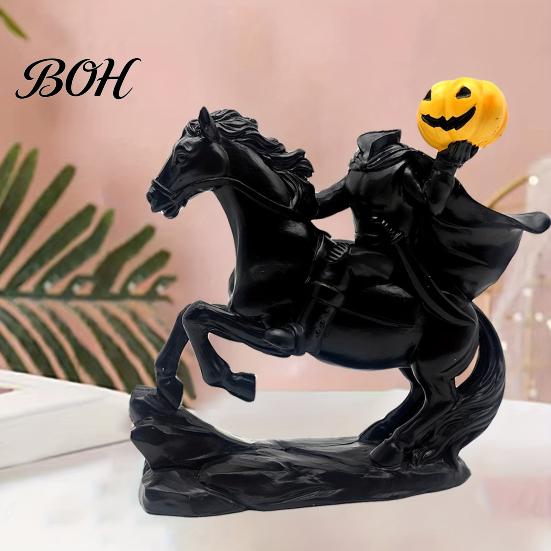 Decorative Resin Horseman Headless Statue with Pumpkin, Horror Knight Holding Pumpkin Unique Holiday Gift Ornament, Halloween Horse Sculpture