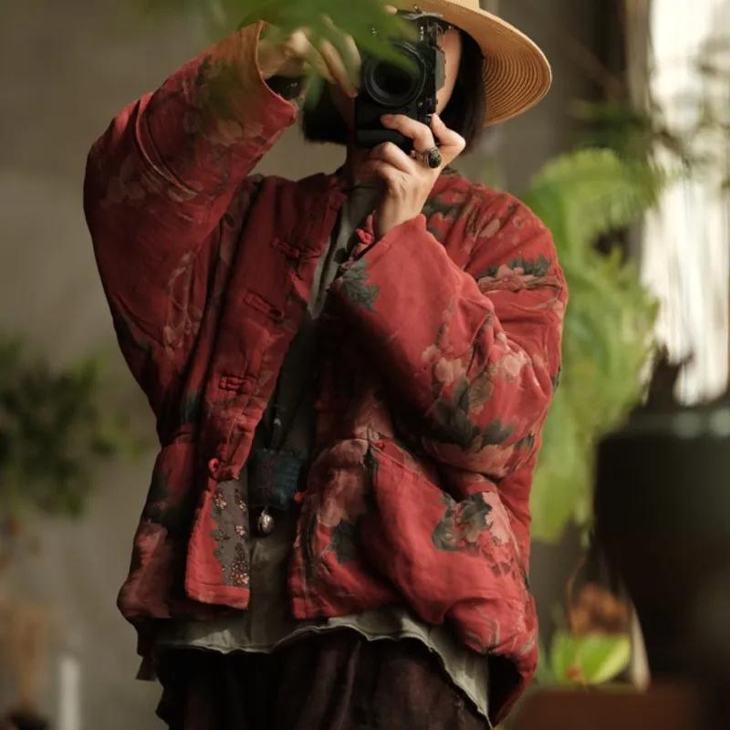 Johnature Women Chinese Print Floral Stand Pockets Button Winter Long Sleeve Warm Coats