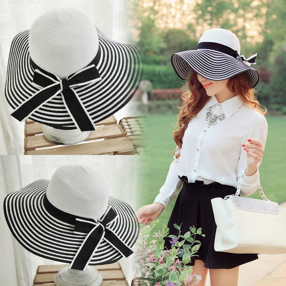 Women Straw Sun Hat Wide Brim Stripes 