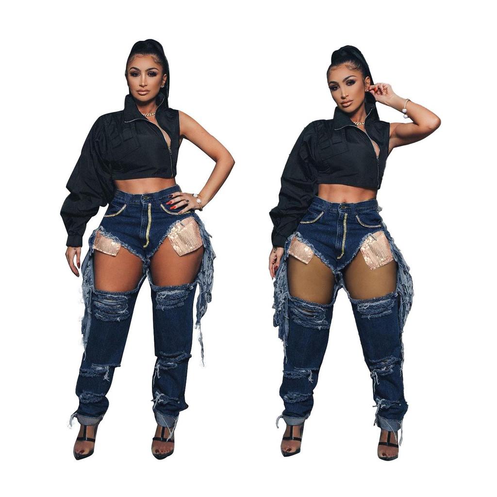 Women's Fashion Ripped Rhinestone Tassel Hip-Lifting Jeans