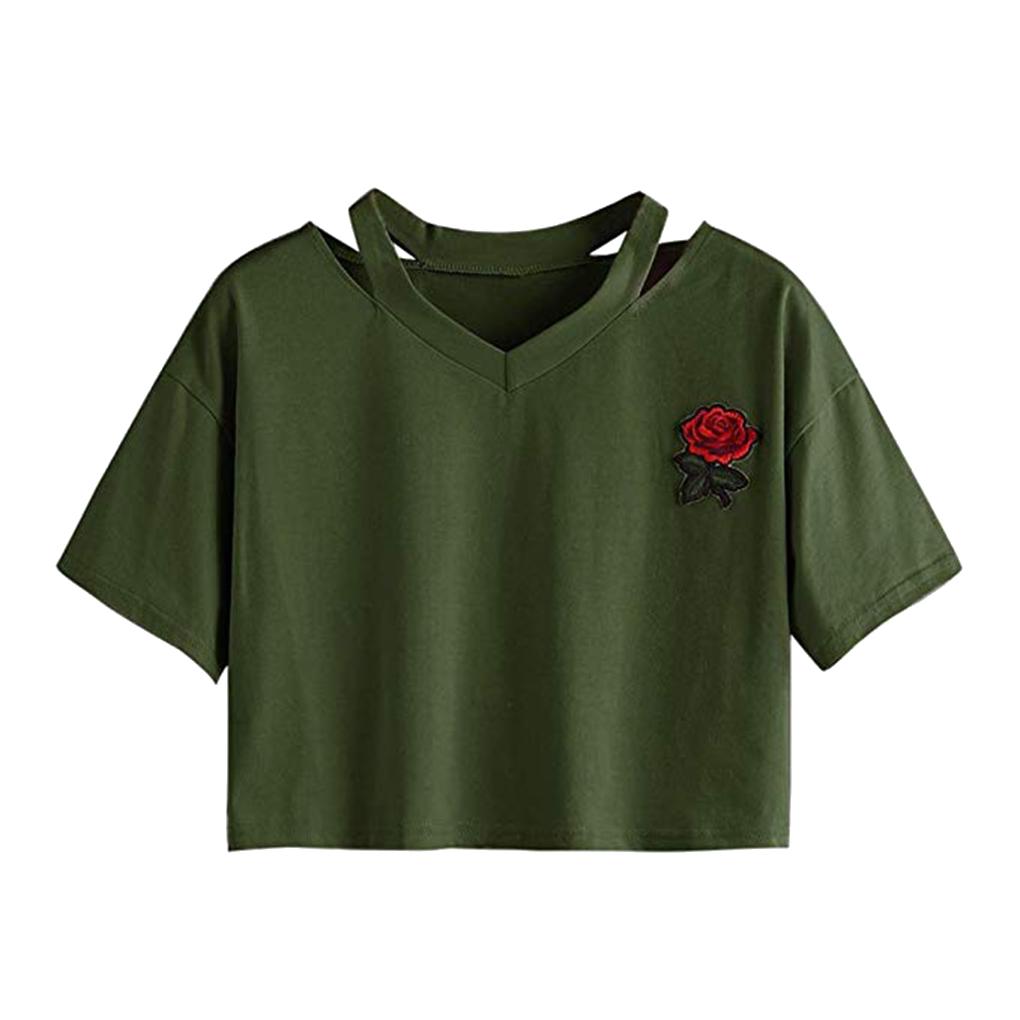 Women V\-neck Embroidered Rose Short T\-Shirt Ladies Top Girls