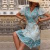Summer Ethnic Style One-piece Lace-up Floral Geometric Print Dress