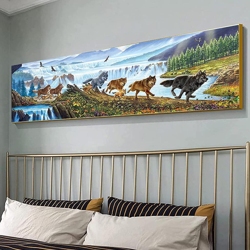 Instarry 5D Diamantmalerei-Set, Vollklebebild, Wanddekoration, Mosaik, Perlen, Handarbeitsset, Wolf und Wasserfall, 120x40 cm