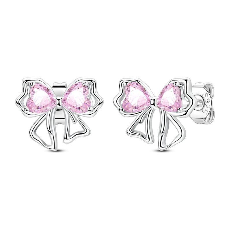 Lovely 925 Silver Pink Bow Charms Earrings Rings Christmas Bell Pendant Fit Original Bracelet Necklace DIY Jewelry Gift