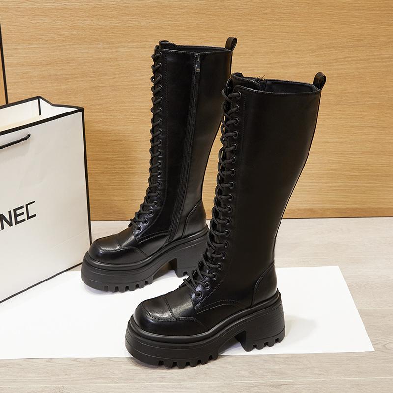 Thick-soled Knight Boots Women's 2025 Autumn and Winter New Black Heightening Boots Versatile Lace-up Boots Fashion Women's Boots Trend