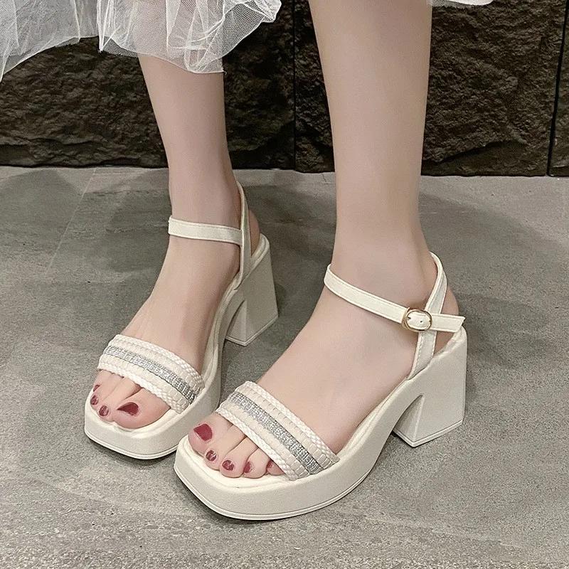 Chunky Heel Platform Slide Sandals 2025 Summer Women Square Toe Strappy Mule Slippers Plus Size Beach Shoes European Design