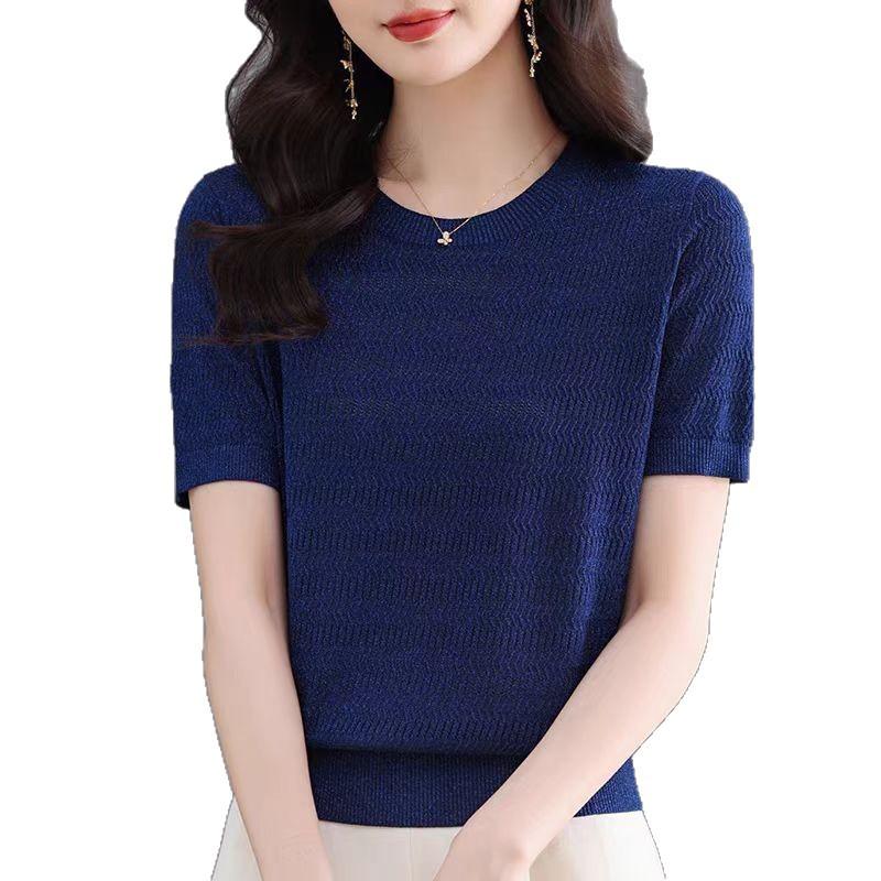 Women's Ice Silk Knitted Bottom Shirt Round Neck Loose Thin Short Sleeve T-shirt Hollow Top
