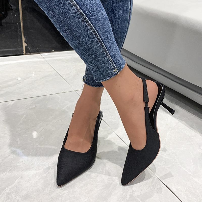 Spring new pointed thin heel medium heel single shoes empty bag head sandals high heels green large size women's shoes