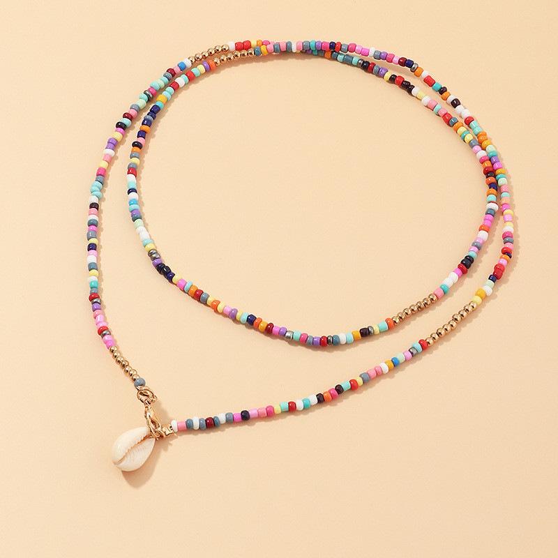 Bohemian Style Multi-Layer Clavicle Chain Necklace with Seed Beads and Shell Pendant for Women