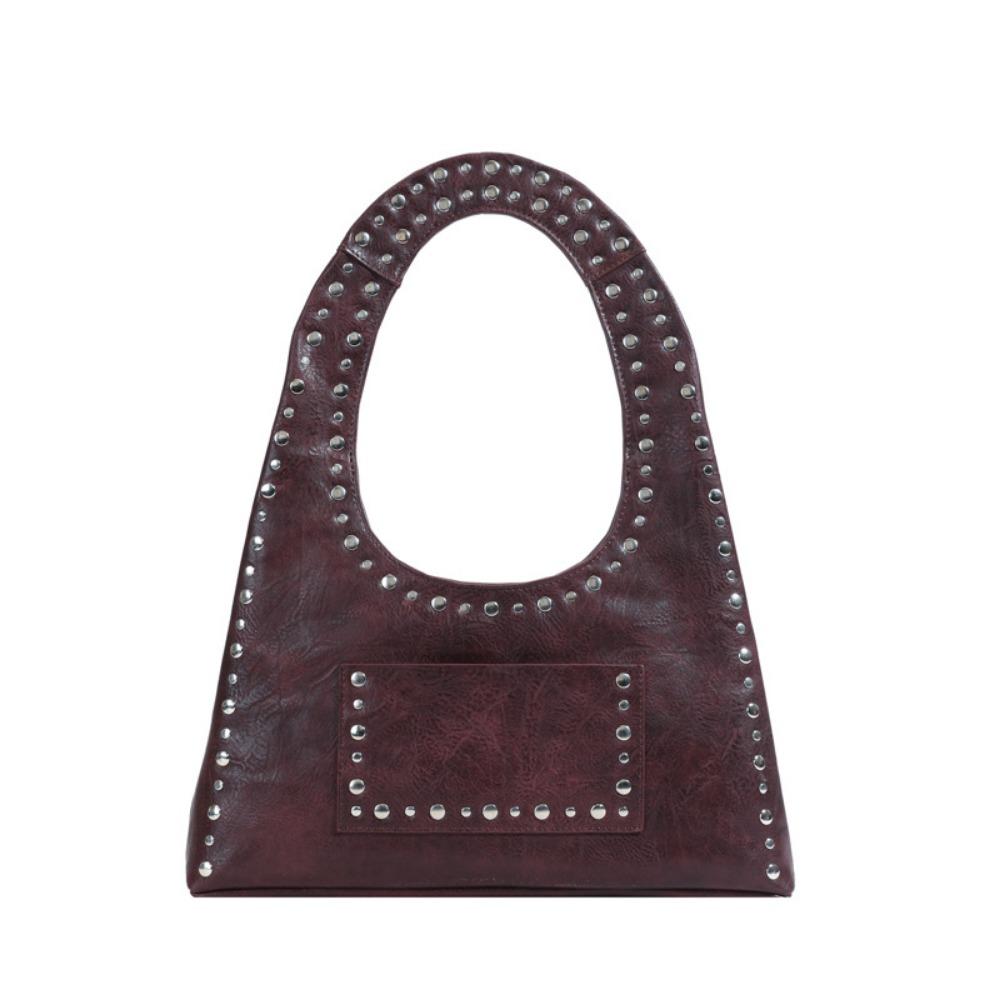 

2025 Новая ретро-сумка на плечо с заклепками и декоративным узором в европейском и американском стиле, сумка из вощеной кожи с подмышкой для женщин кофейный