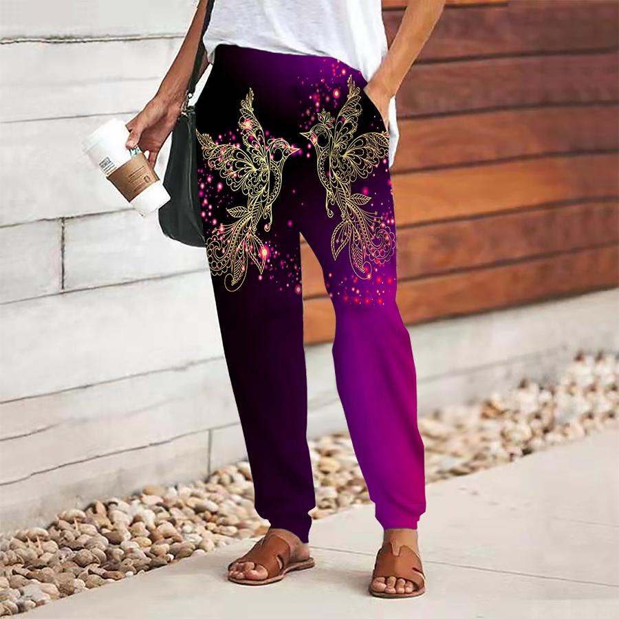 Women Retro Printing Pants Lace Up Elastic Waist Loose  Trousers Casual Long Pants Trousers with Pockets