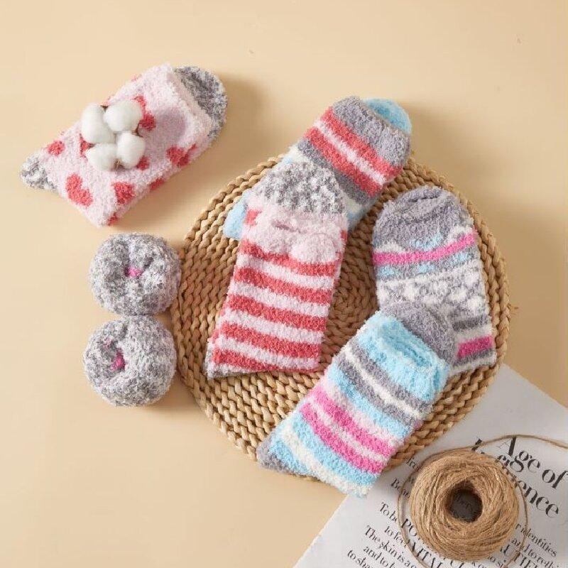 2/6 Pair Autumn Winter Coral Velvet Socks Sweet Cute Colorful Striped Love Heart Thick Keep Warm Socks Lovely Home Floor Sleep Socks
