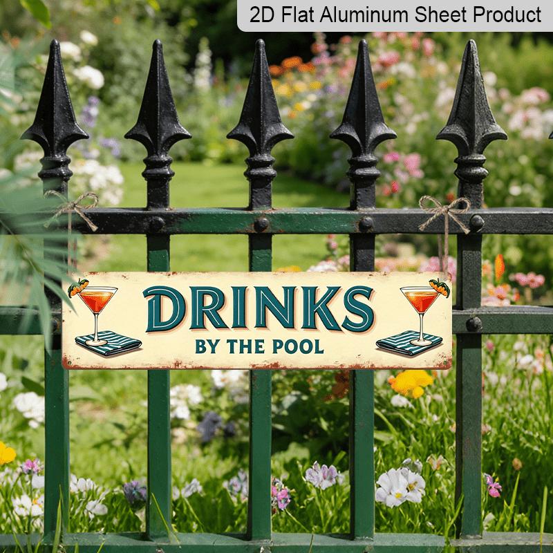2D Flat, 1pc Vintage "Poolside Drinks" Metal Sign - Vintage Wall Decor for Bar, Kitchen, Patio, Pool House - 15.7×3.94inch, Easy To Hang, No