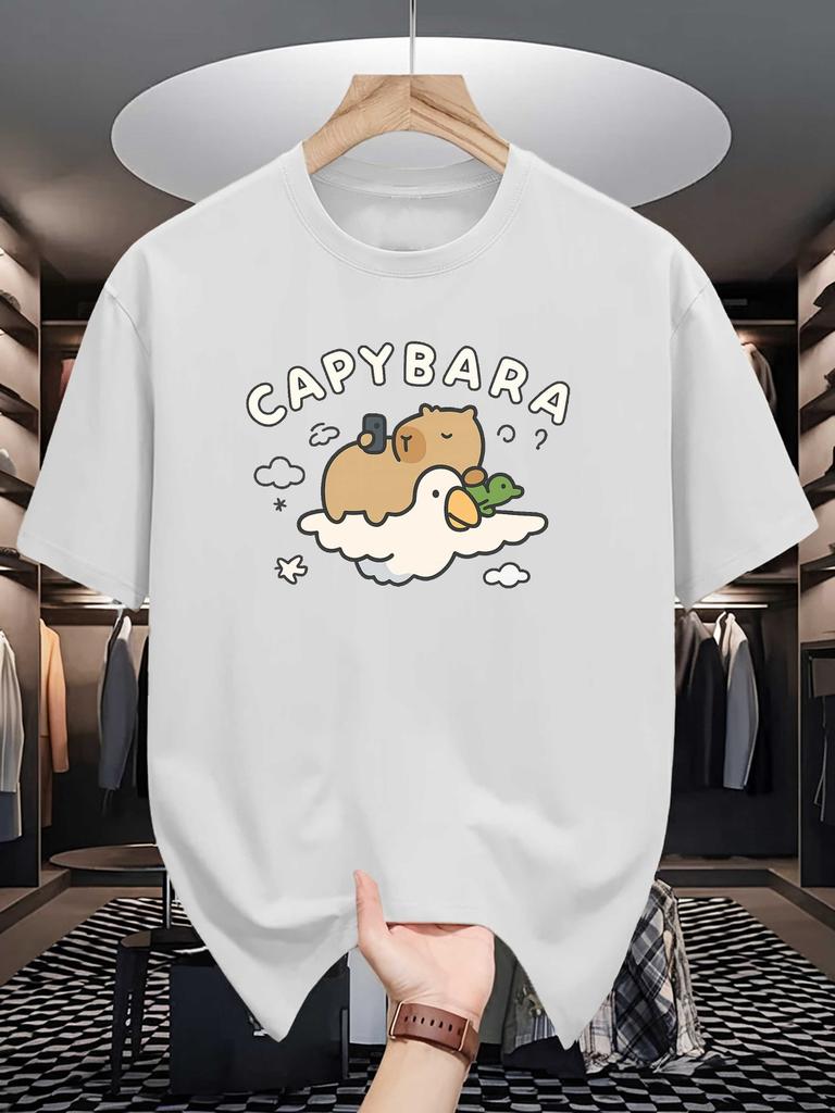 Unisex Crew Neck Tee Kawaii Capybara Duck Cloud Cartoon Print Soft Cotton Loose Short Sleeve Summer Casual Male Streetwear Tops