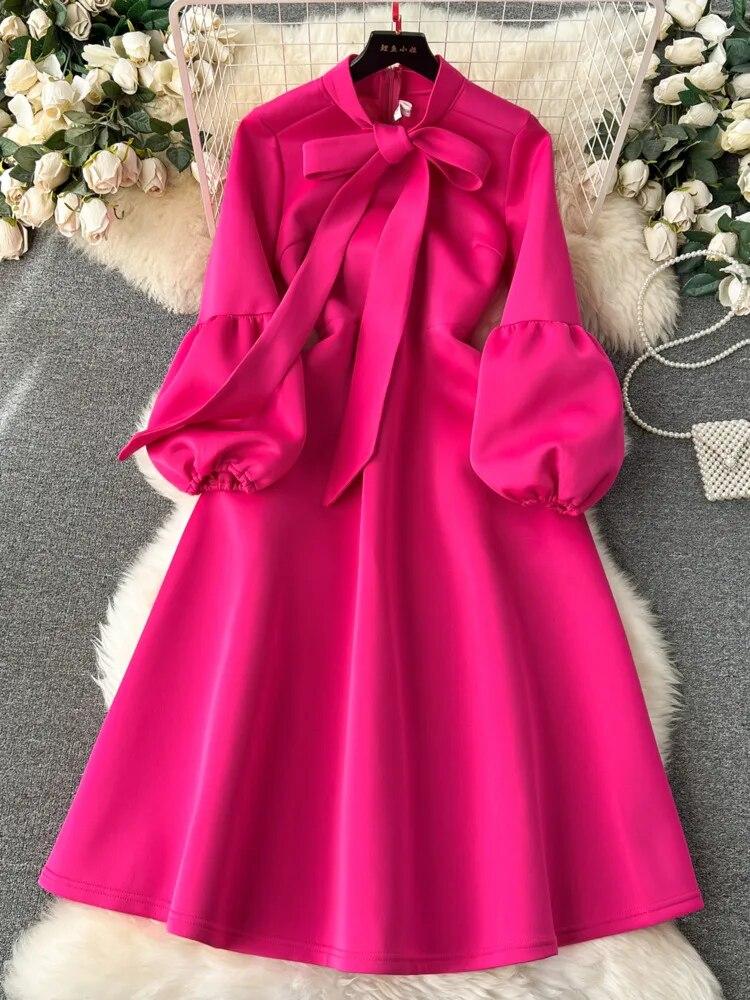 Dámské šaty ve sladkém stylu s mašlí Lucerna s dlouhým rukávem Jednobarevné šaty s vysokým pasem podzim zima 2024 Novinka